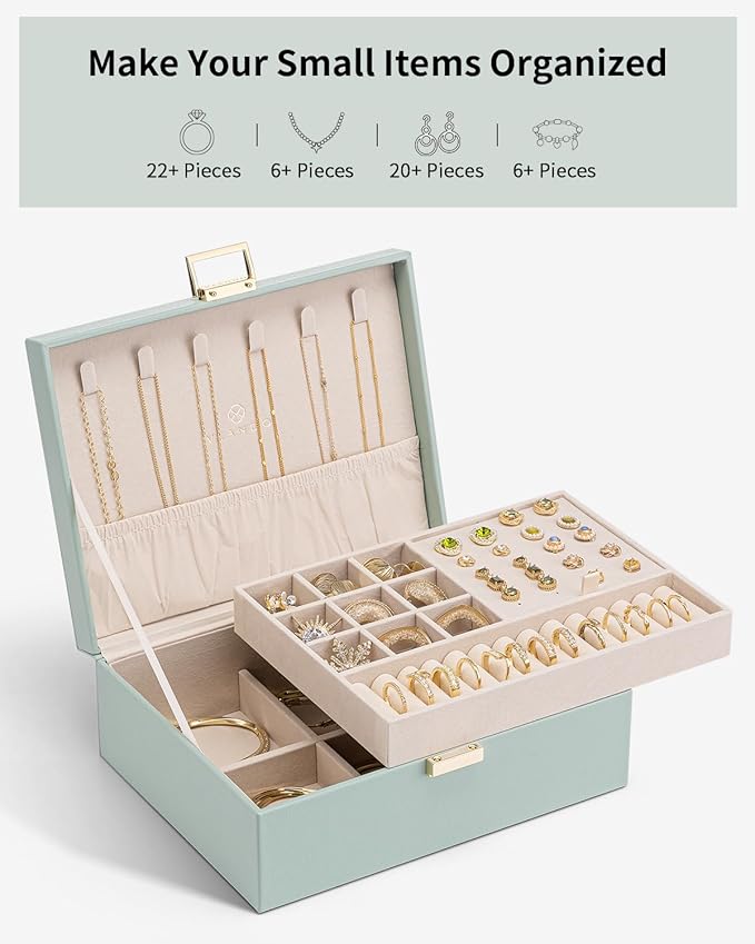 VLANDO 2 Layer Jewelry Box Large Jewelry Organizer for Women Removable Jewelery Tray for Necklace Earrings Rings Bracelets Holidays Gifts for Mom Wife (Green)