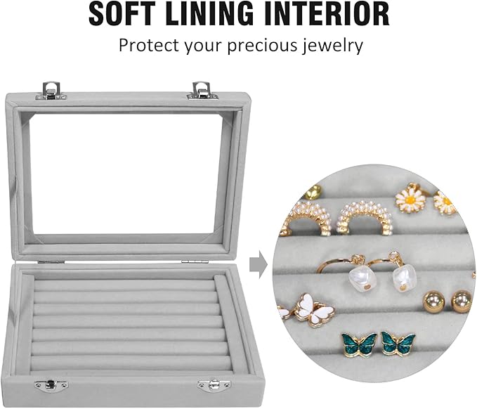 Vicoter Rings Organizer Tray 7 Slots Velvet Jewelry Earring Storage Box with Transparent lid Jewelry Display Case for Girls Wife Mom Women (Grey)