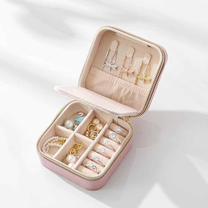Genuine Leather Travel Jewelry Case Organizer with Mirror for Women, Small Jewelry Box Portable Mini Jewelry Case for Earring, Ring, Necklace, Bracelet(Pink)