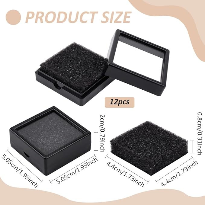 BENECREAT 12Pack Black Gemstone Display Box 2" x 0.78" Jewelry Box Container with Clear Top Lids for Gems, Coins, Christmas Festival Wedding Jewelry Packing