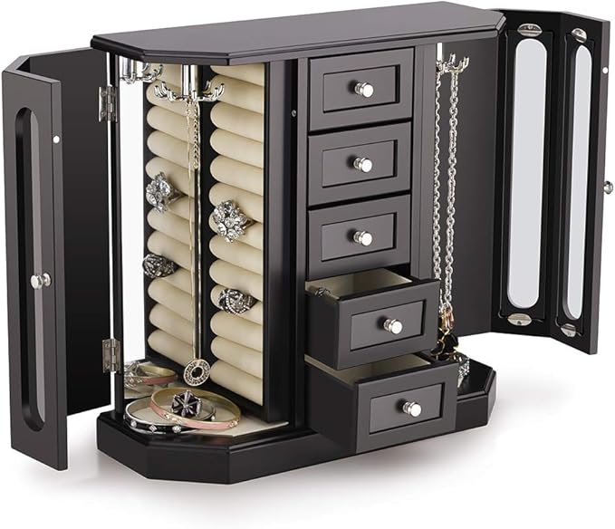 RR ROUND RICH DESIGN Jewelry Box - Made of Solid Wood with Cabinet Type 5 Drawers Organizer and 2 Separated Open Doors on 2 Sides and Large Mirror Black