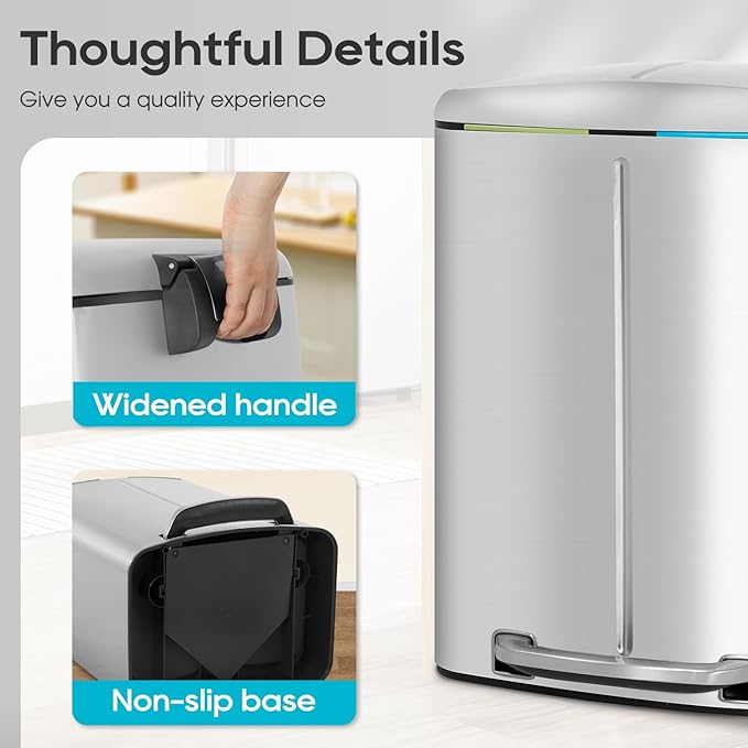 FDW | 10 Gallon Trash Can with Lid | Stainless Steel | Fingerprint-Proof | Made of Stainless Steel | Soft-Close Step Pedal | Hands-Free Use | Easy to Clean | for Kitchen, Office, Bathroom