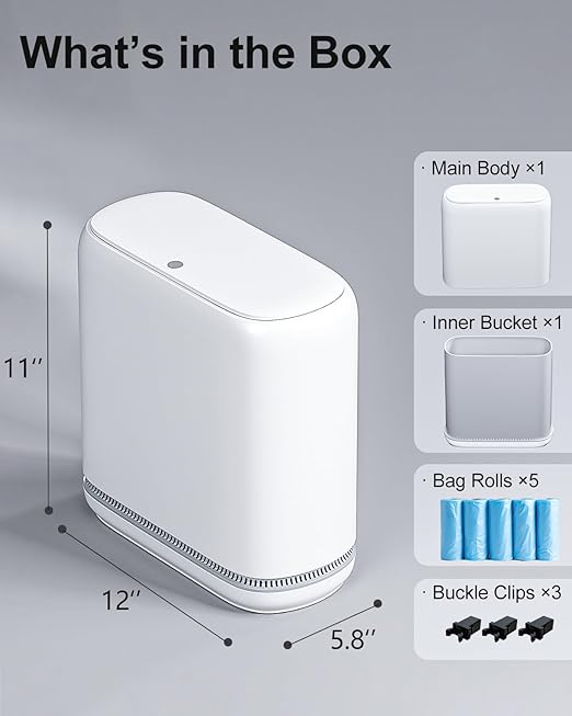 2.3 Gallon Slim Small Bathroom Trash Can with Lid, White Dog Proof Garbage Can with Air-Press Bag Expander & Removable Bucket, Narrow Bathroom Waste Basket for Bedroom, Office, Dorm