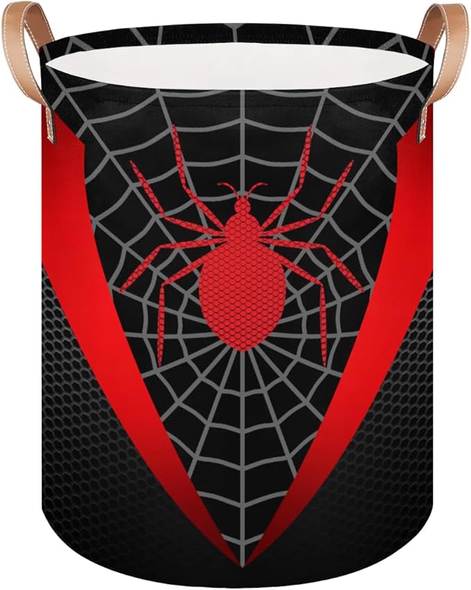 Black Spider Web Large Laundry Hamper Basket, Round Collapsible Storage Organizer Bin for Kids, Boys, Nursery, Closet, Bedroom, Playroom, Toys, Dirty Clothes, 16" W x 20" H