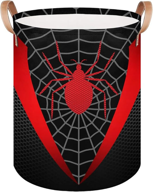 Black Spider Web Large Laundry Hamper Basket, Round Collapsible Storage Organizer Bin for Kids, Boys, Nursery, Closet, Bedroom, Playroom, Toys, Dirty Clothes, 16" W x 20" H