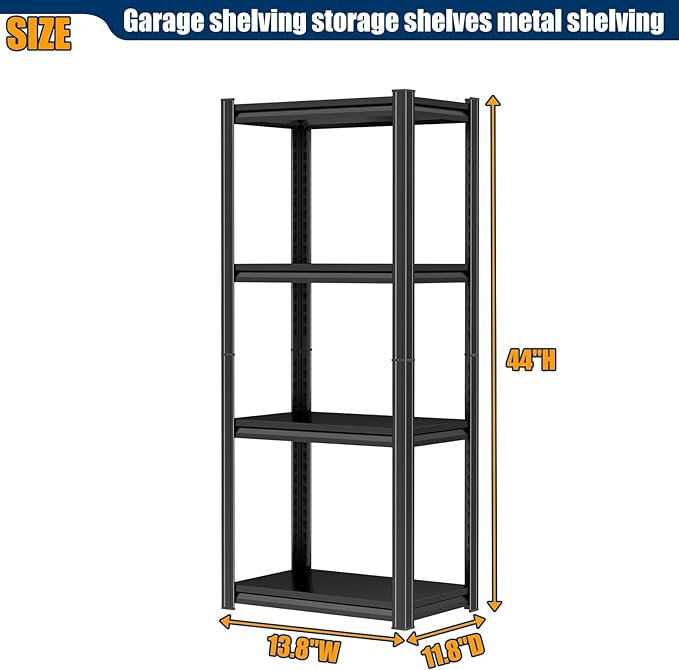 PRESTELION 44" H Storage Shelves 4-Tier Metal Shelf 2000LBS Garage Shelving Unit Adjustable Shelf for Basement, Warehouse, Pantry, Closet, Kitchen 44" H x 13.8" W x 11.8" D, Black
