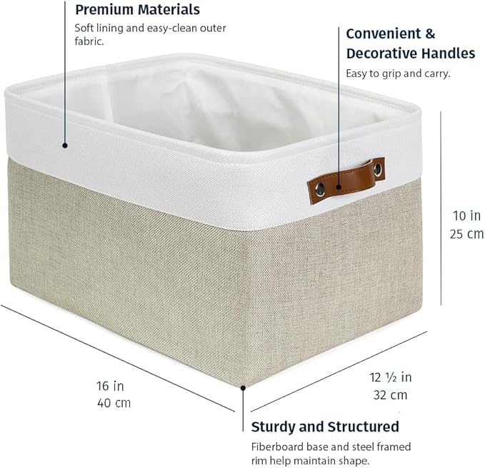 OrganiHaus Extra Large Fabric Storage Baskets for Shelves, 3 Pack, 16 x 13 in Closet Storage Bins, Canvas Organizer Baskets, Beige/Off-White