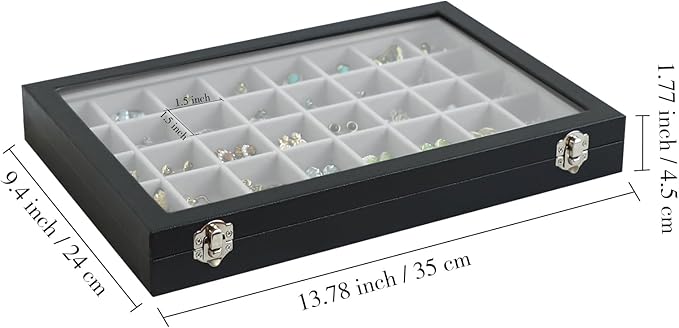 Stratalife Jewelry Organizer 40 Grid Gray Black Jewelry Tray with Clear Dust-proof Lid Velvet Earring Organizer Necklace Rings Holder Display Drawer Storage Case for Women