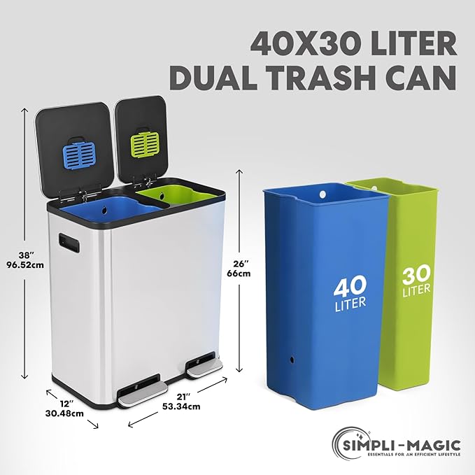 Simpli-Magic 70 Liter / 18.5 Gallon Rectangular Hands-Free Dual Compartment Recycling Kitchen Step Trash Can with Soft-Close Single Lid, Stainless Steel (40L x 30L Capacity), White