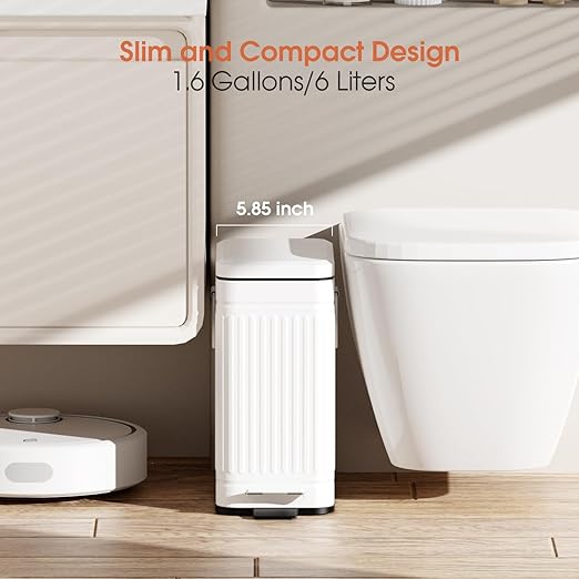 Small Bathroom Trash Can with Lid Soft Close, 6L / 1.6 Gallon Stainless Steel Small Garbage Can with Step Pedal, Slim Waste Basket for Bedroom, Toilet, Office - White