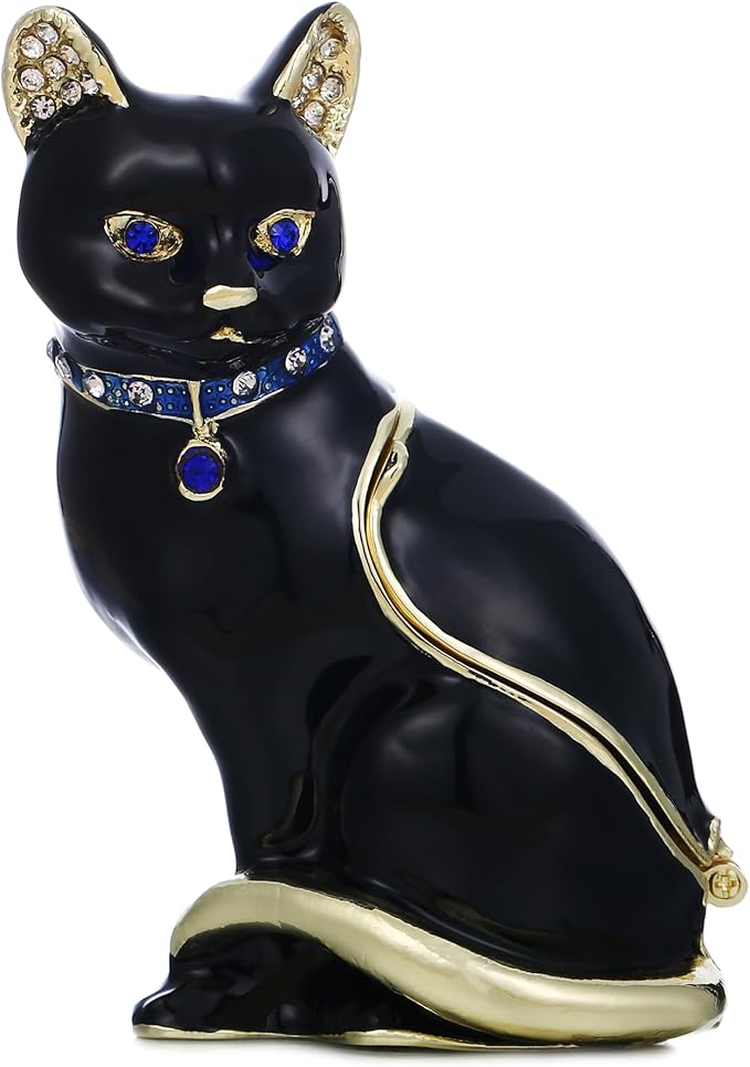 Hand Painted Animal Trinket Box for Home Decor, Hinged Jewelry Organizer Storage, Unique Personalized Collectible Keepsake Figurine Handmade Decorative Ornament Gifts (Black Cat)