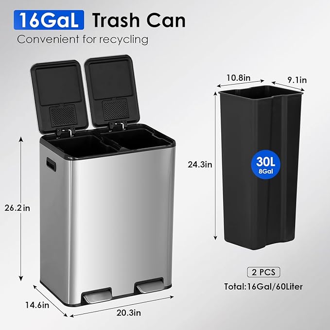FDW Trash Can, 60 Liter (2x30L) 16 Gallon Stainless Steel Step Can, Rectangular Trash Can with Inner Buckets and Hinged Lids, Suitable for Kitchen Office Home Use,Silver