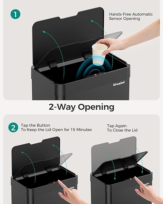Kitchen Trash Can Touchless, 13 Gallon/50 Liter Stainless Steel Automatic Motion Sensor Trash Can, Type-C Rechargeable Garbage Can with Lid, Silent Close, Touchless Trash Bin for Home Kitchen, Black