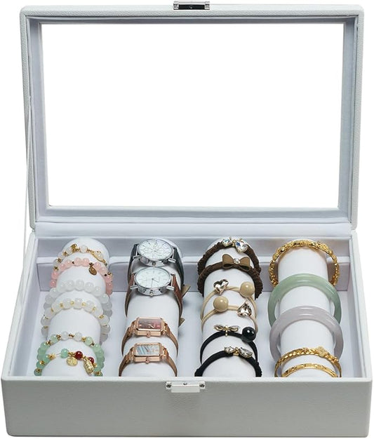 Bracelets Organizer Rods Bangles Display Holder, Clear See through Lid Leather Velvet Jewelry Storage Box Case for Women, 4 Rods White Leather