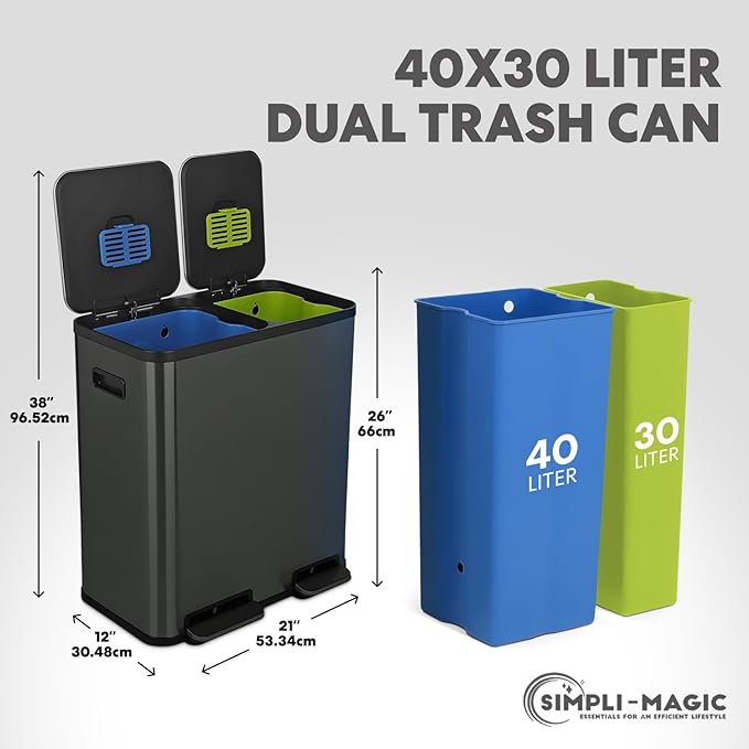 SIMPLI-Magic 18.5 Gallon (70L) Dual Compartment Kitchen Trash Can - Hands-Free Step Pedal, Soft-Close Lid, Stainless Steel Recycling Bin with Odor Filter (40L + 30L), Black