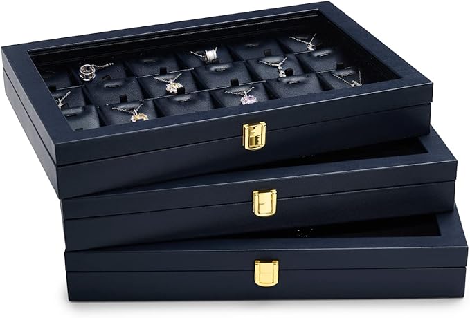 Oirlv Premium Blue Leather Jewelry Tray with 24 Grid Removable Jewelry Cards Jewelry Organizer Box with Transparent Acrylic Lid Necklace Pendant Display Case