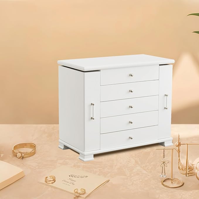 White 5 Layer Huge Jewelry Box,Top With Mirror Wooden Jewelry Organizer Box,With 8 Hook And Velvet Lining Antique Jewelry Box For Women,For Watch Necklace Ring Earring Storage Gifts