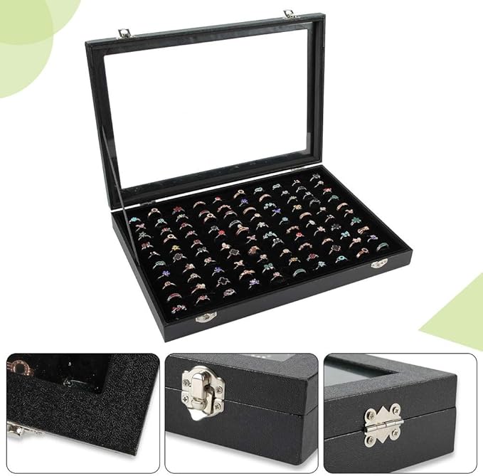 Siveit Ring Display Case Organizer Box with Transparent Lid, Ring Holder Showcase For Store Display Jewelry Show Home, Ring Organizer For Jewelry Rings, Studs Earrings (100 Slot, Black)