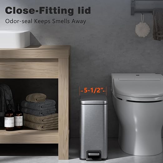 Slim Bathroom Trash Can with Lid Soft Close, 1.6 Gallon Stainless Steel Garbage Can with Removable Inner Bucket, Durable Step Pedal, Small Trash Bins for Toilet, Bedroom, Kitchen, Office