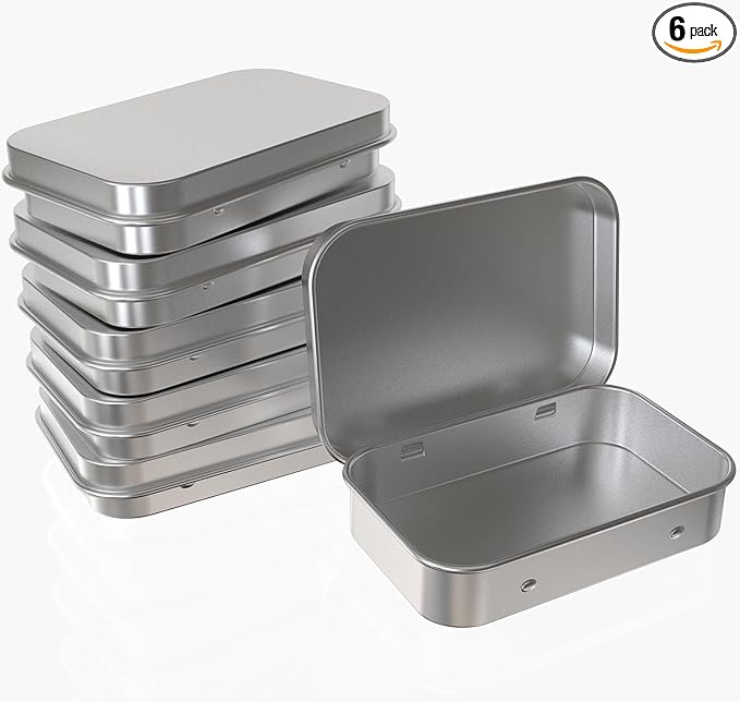 Hulless Small Hinged Tin Box Metal Tins Storage Containers Portable Craft Organizer for Home Storage to pills, candies, herbs, planting seed, nail art etc, Silver 6Pcs