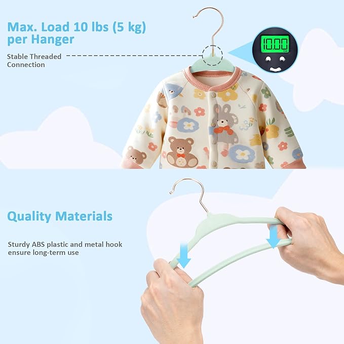 Tonswachic Baby Hangers 11 Inch, 50 Pack Velvet Baby Clothes Hangers Non-Slip Ultra-Slim Children Hangers with 10 Clips for Infant Toddler Newborn, Space-Saving Closet Organization - Green