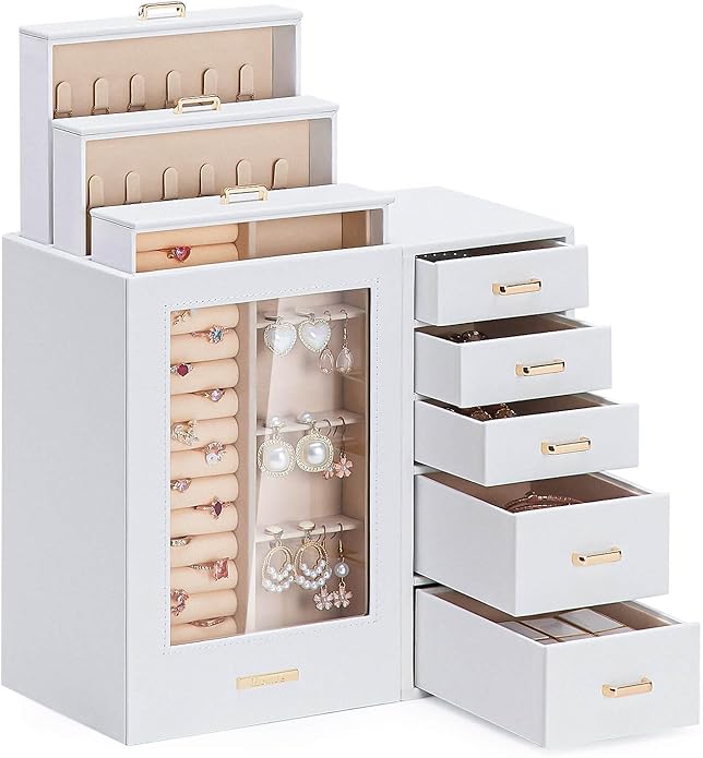 Homde Large Jewelry Box/Organizer/Case with Glass Window, Drawers for Necklaces Earrings Rings Bracelets Watches Gift for Women Girls