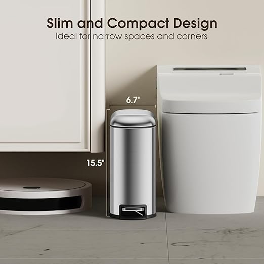 CEROELDA Small Bathroom Trash Can with Lid Soft Close, 5L/1.3 Gallon Stainless Steel Slim Garbage Can, Metal Waste Basket with Step Pedal, for Office, Bedroom, Toilet, Dorm Room (Silver, 1.3 Gallon)