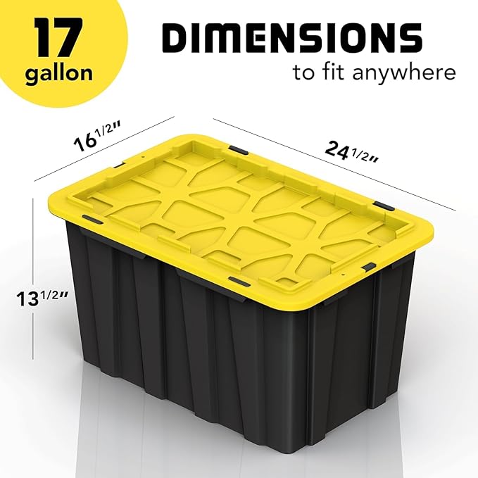 4 PACK Large Black & Yellow Storage Bins | Plastic Tote Organizing Container with Secure Latching Lids, Stackable, Extra Strength with Built in Handle | Black and Yellow Bins | 24.5" x 16.5" x 13.5"