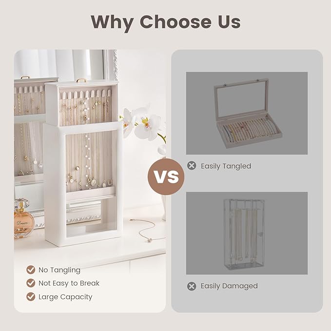 Lolalet Upgraded Double-Sided Hanging Necklace Organizer Box, Jewelry Display Case with Double-Sided Clear Window for Necklaces Bracelets, Tangle-Free Necklace Storage Box, Mothers Day Gift