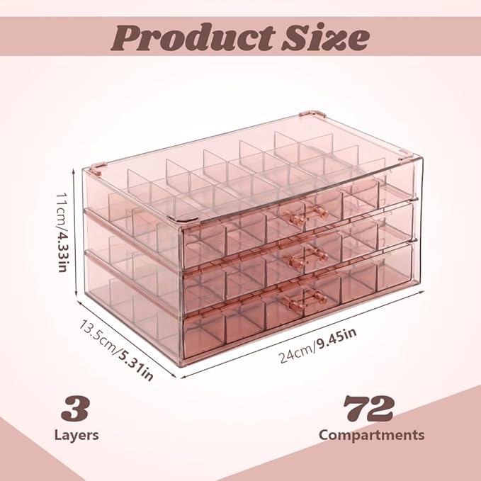 Jewelry Organizer, Earring Holder Organizer Box with 3 Layers, 72 Grids Earring Case, Craft Storage Containers for Nail Charms, Ring, Earrings(Tan)