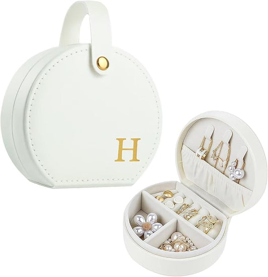 Travel Jewelry Case, Elegant Half-Moon Design with Golden Accents, Detachable Handle, White Personalized Accessory Organizer, Fashion-Forward Gift for Women and Teens(H)
