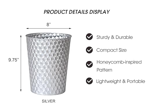 Venalys Small Metal Trash Can Wastebasket, Decorative Honeycomb Garbage Can Waste Basket, Modern Farmhouse Round Trash Bin for Bathroom, Bedroom, Kitchen and Office (Silver)