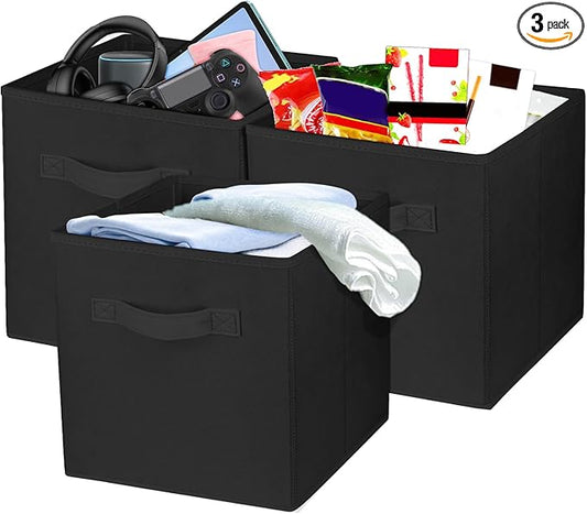 3 Pcs Storage Cubes, 10.5 Inch Collapsible Storage Bins, Fabric Foldable Bins for Organization, Durable Storage Bins for Closet, Shelves, Offices (Black)