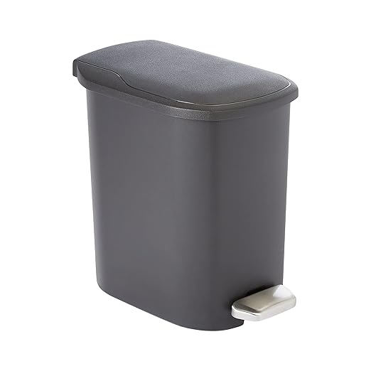 Amazon Basics Compact Plastic Bathroom Trash Can with Soft-Close Lid, Hands-Free Foot Pedal, Removable Inner Bucket, 6L / 1.6 Gallon, Black