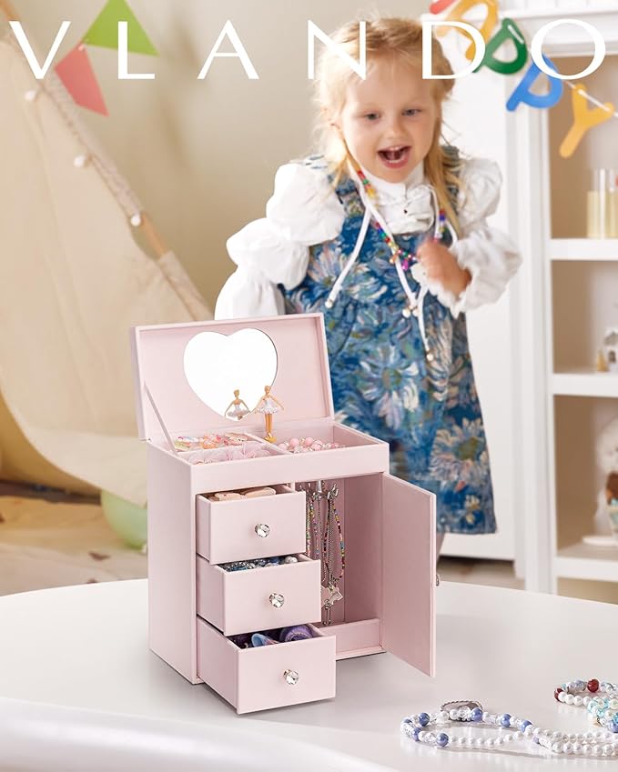 Vlando Musical Jewelry Box for Girls - Valentines Day Gift for Kid - Large Kid Music Box with Ballerina for Birthday Bedroom Decor, 4 Layer Girl Jewelry Gifts for Girls Kids - Light Pink