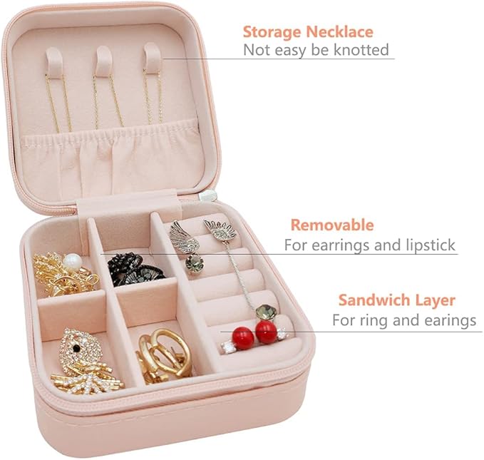 TRODANCE Mini Jewelry Travel Case, Small Portable Jewellry Organizer Box Portable Display Storage Box for Rings Earrings Necklaces, Gifts for Girl, Women, Wedding, Birthday, Mom, Mother's Day (Pink)