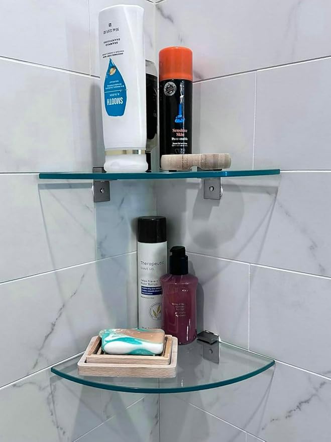 Bakzon Tempered Glass Corner Shower Shelves for Inside Shower, 2-Pack No Drill Adhesive Bathroom Organizer, Rustproof Aluminum Brackets, Glass Shower Corner Shelf