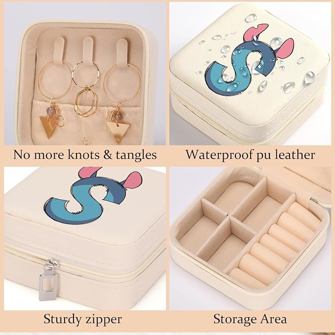 LONGXIN Cute Cartoon Gifts, Initial Travel Jewelry Case Small Jewelry Box Organizer, Personalized Gifts for Women Teen Girls, Birthday Christmas Gifts for Cartoon Lovers, Letter S