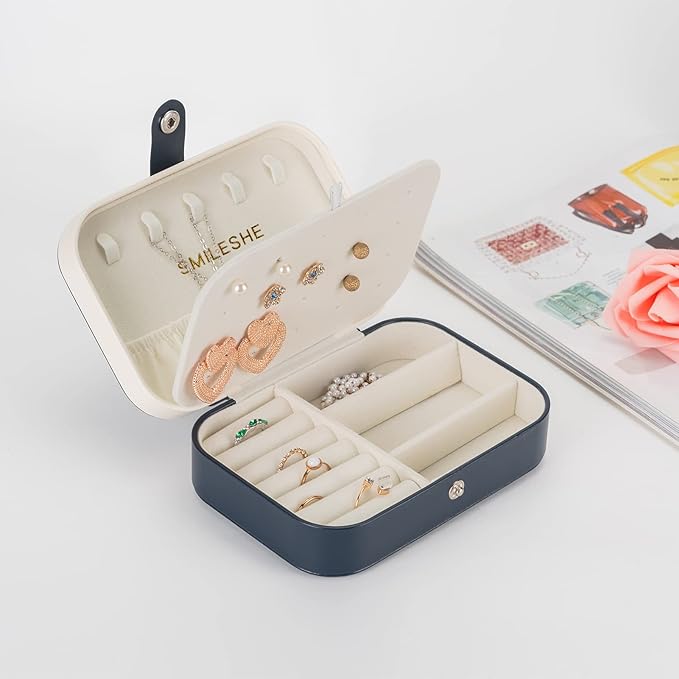 Smileshe Jewelry Box, PU Leather Small Portable Travel Case, 2 Layers Organizer Display Storage Holder Boxes for Rings Earrings Necklaces Bracelets