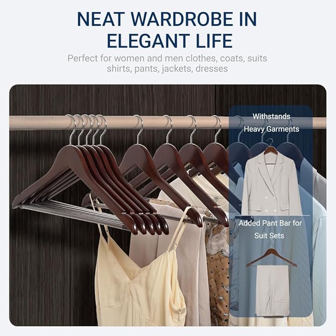 Amber Home 30 Pack Walnut Wooden Coat Hangers, Vintage Wood Suit Hangers with Non-Slip Pant Bar, Clothes Hangers for Closet Organization, Shirts, Jackets, Dresses, and Pants (Retro, 30)