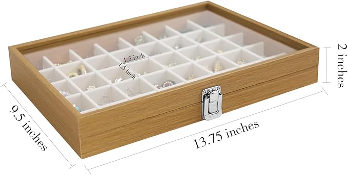 Stratalife Jewelry Organizer 40 Grid Jewelry Trays with Clear Lid Wood Earring Organizer Ring Holder Accessories Box Necklaces Earrings Storage for Women Drawers Vintage Style Beige
