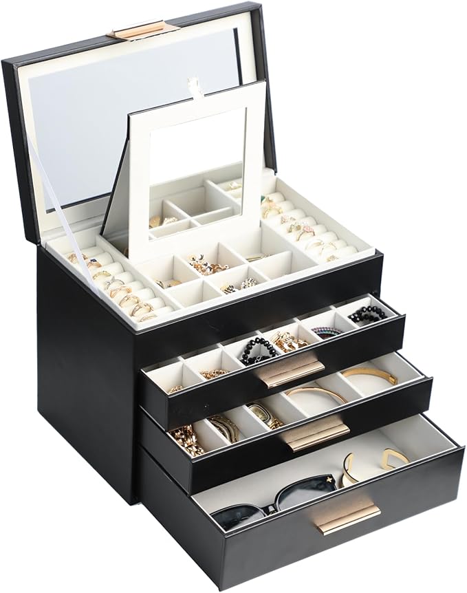 BOOVO Jewelry Boxes for Women, White and Black 6 Layer Large Jewelry Box for Necklace, Bracelet, Earrings, Rings Storage, Jewelry holder Organizer for Girls Gift (Clear Black, 4 layer)