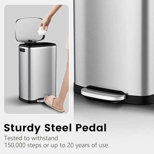 ELPHECO Kitchen Trash Can with Lid Soft Close,13 Gallon / 50L Stainless Steel Pedal Garbage Can, Heavy-Duty Fingerprint Proof Step Wastebasket with 20 Bags, Removable Bucket, Home Office, Silver