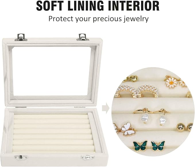 Vicoter Rings Organizer Tray 7 Slots Velvet Jewelry Earring Storage Box with Transparent lid Jewelry Display Case for Girls Wife Mom Women (Beige)