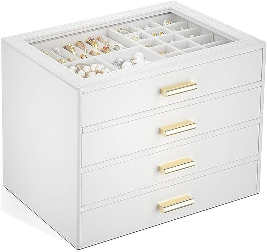 AKOZLIN Jewelry Box with Clear Lid Functional Leather Jewelry Storage Organizer Case 4 Drawers for Women Girls Necklace Ring Bracelet Earring