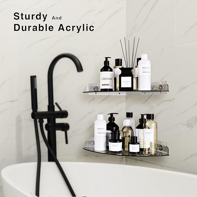 Bakzon Acrylic Corner Shelves, 2 Pack Adhesive Shower Caddy Organizer for Tile Walls, Wall Mounted Clear Bathroom Shelves for Inside Shower & Kitchen Storage