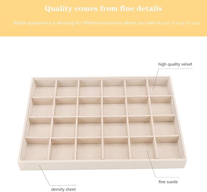Large Velvet Jewelry Tray, Drawer Organizer for Jewelry in Dresser, Stackable Jewelry Drawer Organizer Inserts for Earring Necklace Bracelet Rings(Beige,24grid)