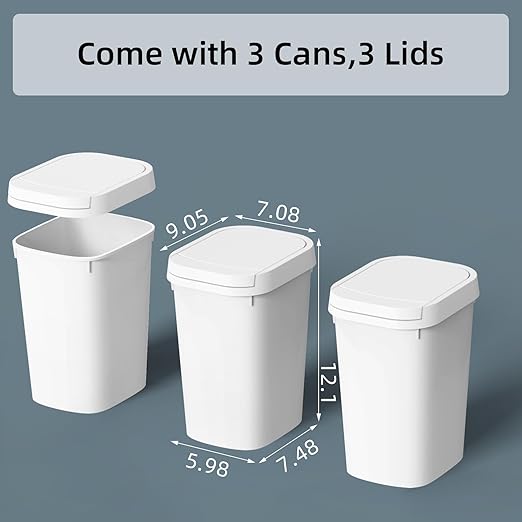 KSSKSS 3 Pack Bathroom Small Trash Can with Lid, 2.6 Gallon Slim Garbage Bin with Pop-Up Lid, 10L Plastic Wastebasket for Bedroom, Office, Kitchen, Toilet (White)