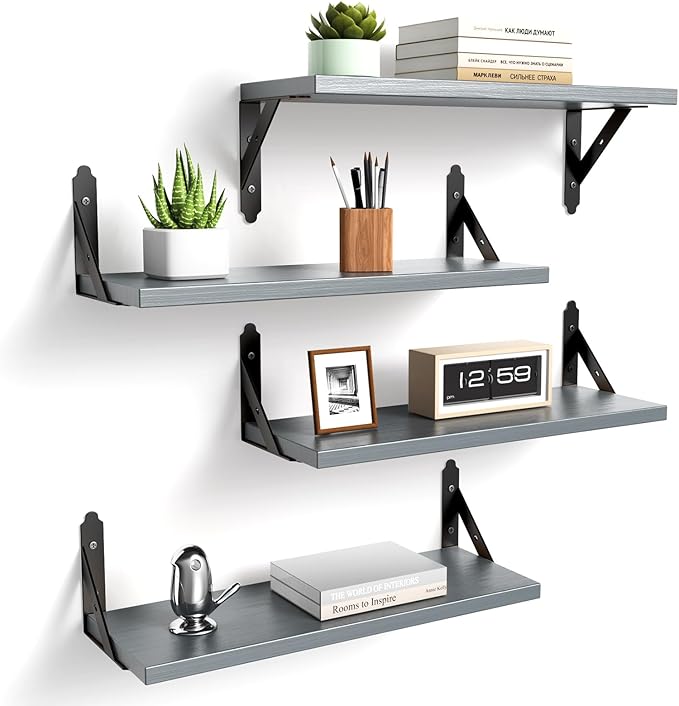 ROMGUAR CRAFT Wood Floating Shelves Set of 4, Rustic Storage Decor Wall Shelves, Wall Mounted Shelf for Living Room, Bedroom 17" x 6", Grey