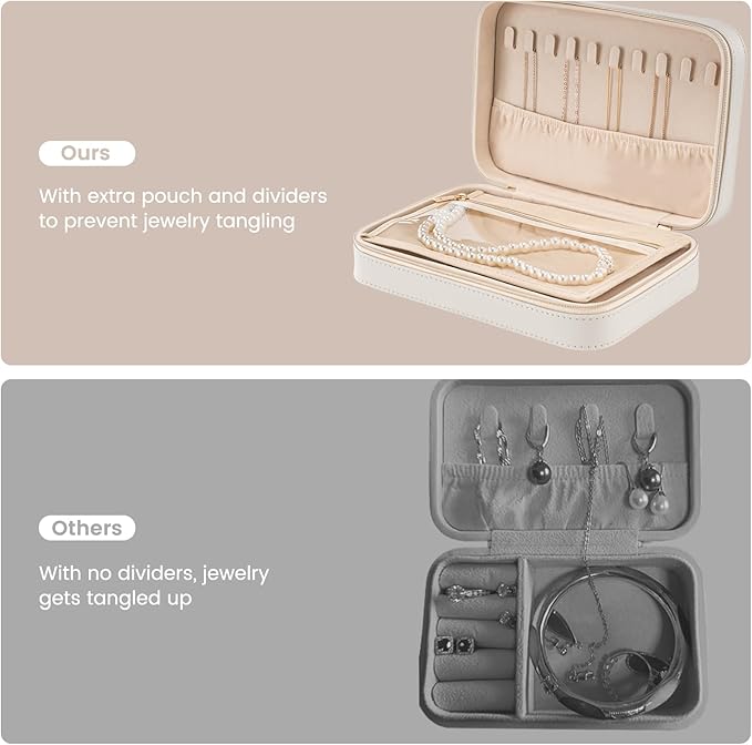 Lolalet Travel Jewelry Case for Women Girls, Travel Jewelry Organizer Box with Mirror & Clear Storage Bag, Small Portable Earring Necklace Bracelet Ring Case, Birthday Valentine Gifts -Medium, White